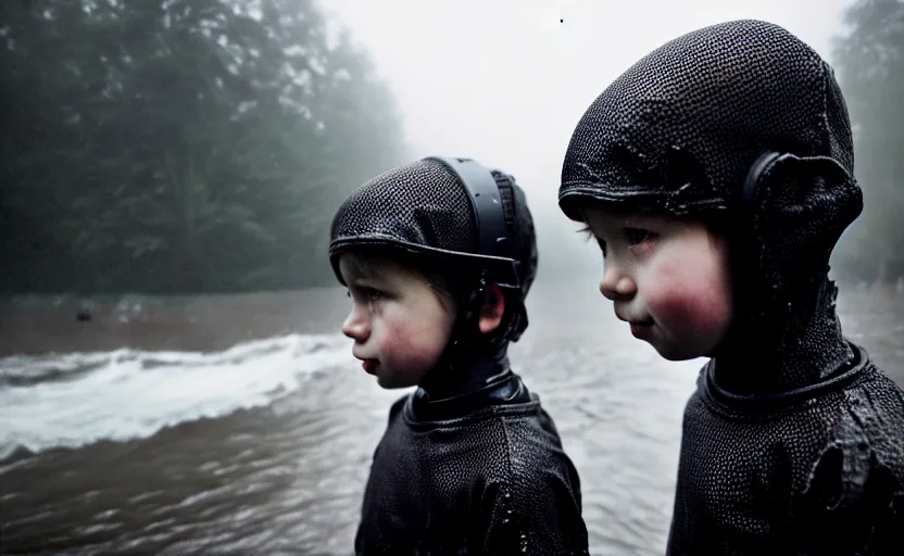 Image similar to cinestill 5 0 d candid photographic portrait by helen levitt of two child androids wearing rugged black mesh techwear in treacherous waters, extreme closeup, modern cyberpunk moody depressing cinematic, pouring rain, 8 k, hd, high resolution, 3 5 mm, f / 3 2, ultra realistic faces, ex machina