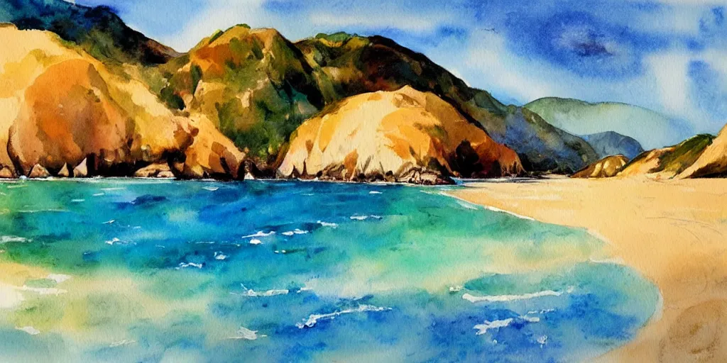 Image similar to golden bay new zealand, abel tasman, colorful watercolor painting, trending on artstation