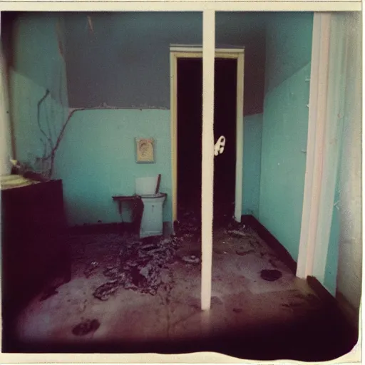 Prompt: flooded room in a house from the 8 0 s, unsettling, liminal space, liminal, old polaroid, expired film,