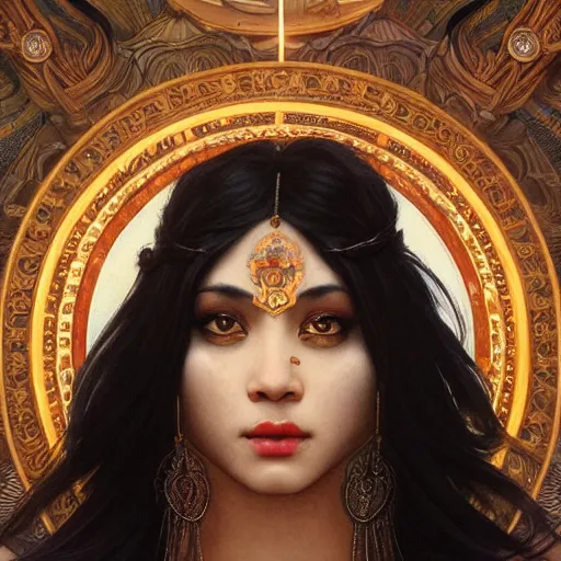 Image similar to Portrait of an hindu goddess with black hair, 3c, asian, dark art, D&D, fantasy, intricate, elegant, highly detailed, digital painting, artstation, concept art, matte, sharp focus, illustration, art by Artgerm and Greg Rutkowski and Alphonse Mucha