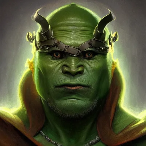 Image similar to “portrait of an orc (green skin) oracle wearing robes and a blindfold, D&D character, highly detailed, digital fantasy character painted portrait, artstation, concept art, sharp focus, illustration, art by artgerm and greg rutkowski and alphonse mucha and craig mullins and James Jean and Andrei Riabovitchev and Marc Simonetti and peter mohrbacher”