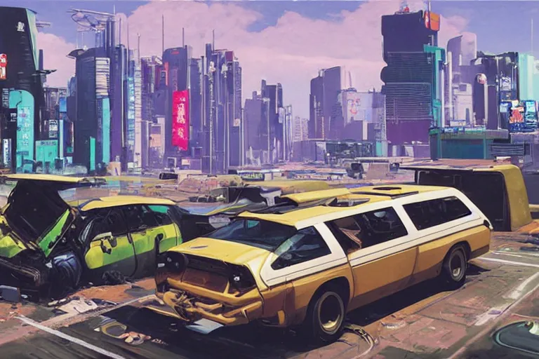 Prompt: a van has crashed and rolled over. tokyo can be seen in the far off distance. art in the style of vincent di fate's cyberpunk 2 0 2 0.