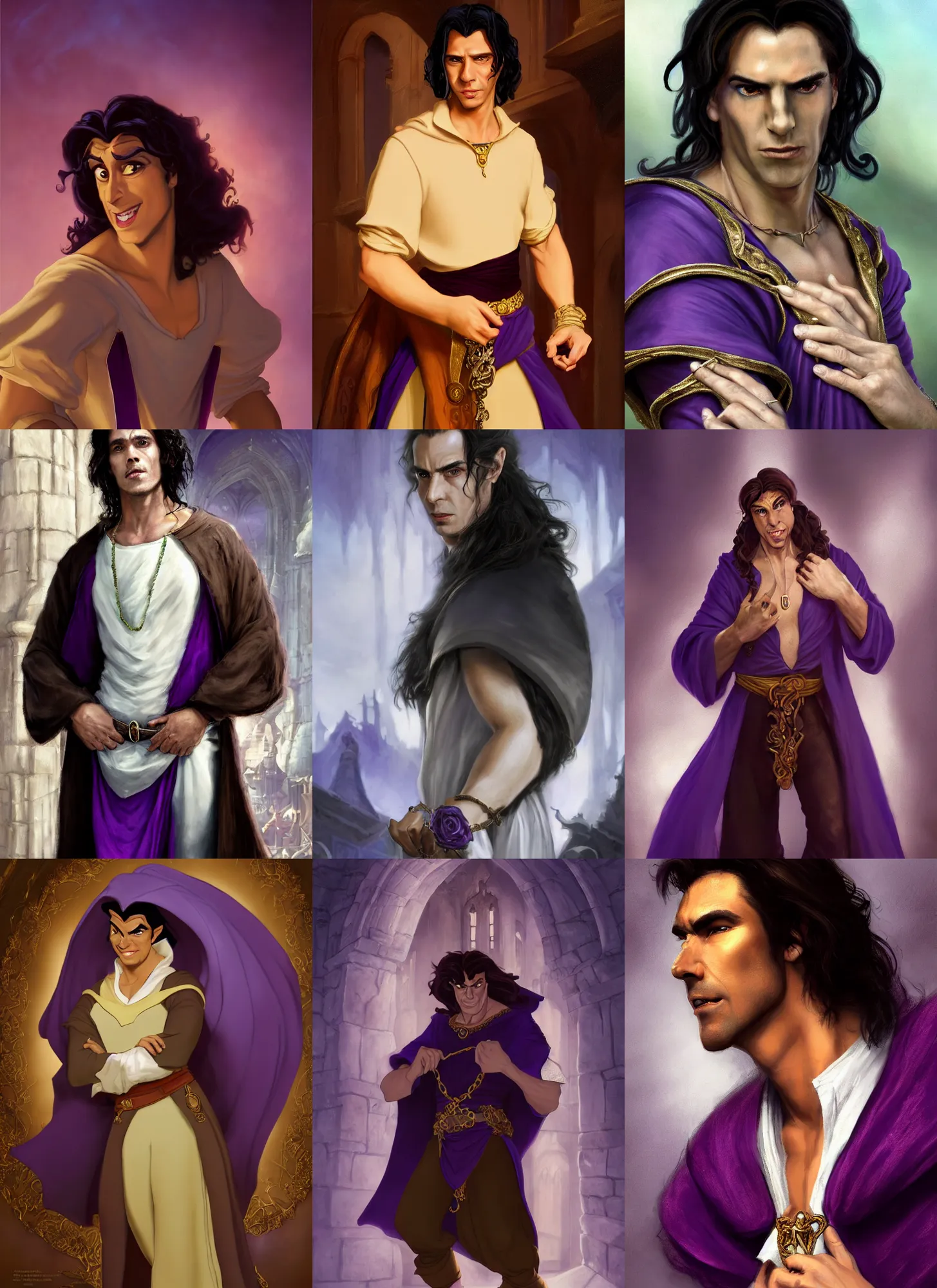Prompt: a portrait of a male version of esmeralda from hunchback of notre dame, young adult, black elegant hair, white shirt, elegant clothing, handsome, medieval purple garb, he is wearing golden bracelet and jewelry, style by donato giancola, wayne reynolds, jeff easley dramatic light, high detail, cinematic lighting, artstation, dungeons and dragons