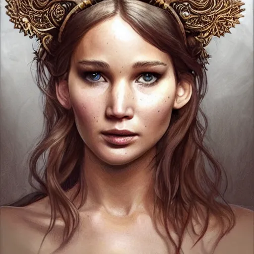 Prompt: an attractive young female with metal rings!!!! on her nose wearing an bone crown, jennifer lawrence, olive skin, long dark hair, beautiful bone structure, intricate, elegant, highly detailed, digital painting, artstation, concept art, smooth, sharp focus, illustration, art by artgerm and greg rutkowski and alphonse mucha