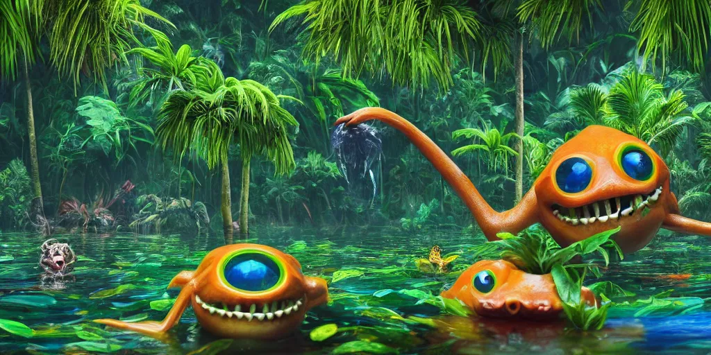 Image similar to of a tropical rainforest lake with strange cute friendly happy creatures with huge eyes, mouth, long tongue, round teeth and goofy face, appearing from the water, in the style of gehry and gaudi, macro lens, shallow depth of field, ultra detailed, digital painting, trending artstation, concept art, illustration, cinematic lighting, photorealism, epic, octane render