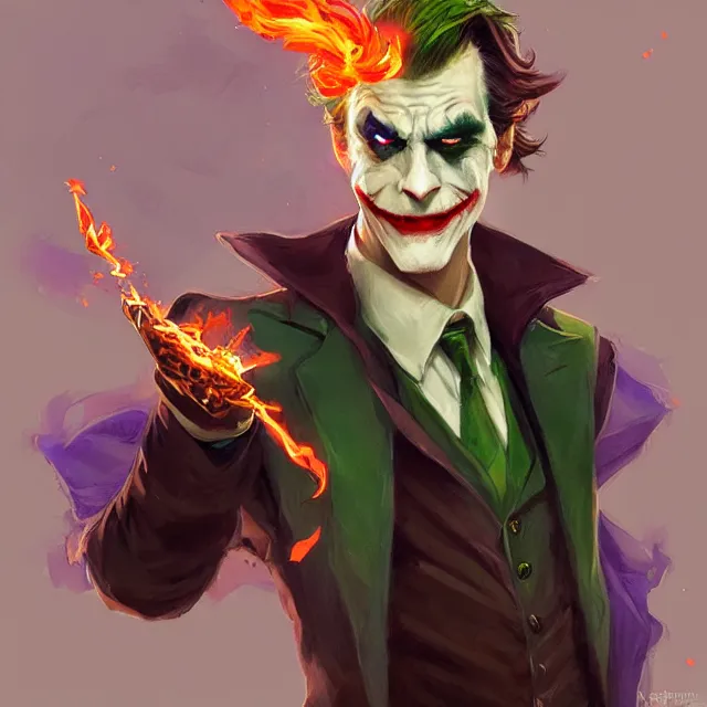 Prompt: joker as a firebender, portrait, elegant, intricate, digital painting, artstation, concept art, smooth, sharp focus, illustration, art by konstantin korovin and daniel f. gerhartz and john howe