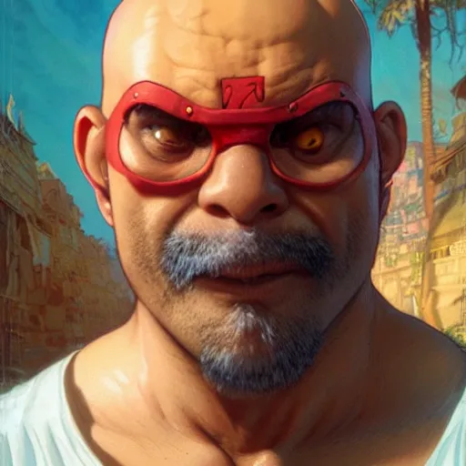 Prompt: david cross as sagat street fighter, wearing one eye patch, 4 k, ultra realistic, detailed focused art by artgerm and greg rutkowski and alphonse mucha