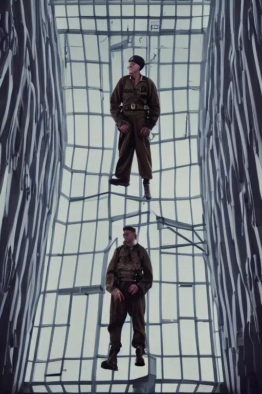 Image similar to kodak portra 5 0 mm f 4 full body portrait photography of a wwii airborne infantry soldier who's a mix of gillian anderson and adam driver, looking exhausted, setting is inside a sci fi megastructure tower looking out a window, photo by erwin olaf