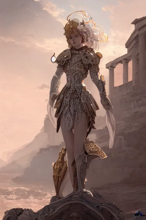 Image similar to portrait young knights of Zodiac girl, matt white color armor, in ruined Agora of Athens Sunrise, ssci-fi and fantasy, intricate and very beautiful and elegant, highly detailed, digital painting, artstation, concept art, smooth and sharp focus, illustration, art by tian zi and WLOP and alphonse mucha