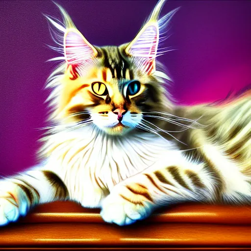 Prompt: portrait cream color maine coon cat curled up, bay window sofa, 8K, 4K, digital art, palette knife, oversaturated lens flair, bokeh, sunbeam, UE5, sumi-e