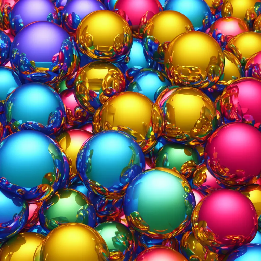 Prompt: very colourful texture of chrome spheres, 3 d, photorealistic, high poly, 8 k render, unreal engine 5, volumetric lighting, realistic shadows