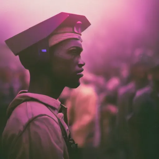 Image similar to close up kodak portra 4 0 0 photograph of a futuristic soldier after the battle standing in dark forestin in a crowd, flower crown, moody lighting, telephoto, 9 0 s vibe, blurry background, vaporwave colors, faded