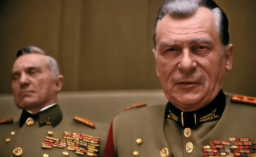 Image similar to 50s movie still close-up portrait of an elder soviet general in a empty stalinist hall, by David Bailey, Cinestill 800t 50mm eastmancolor, heavy grainy picture, very detailed, high quality, 4k, HD criterion, precise texture and facial expression