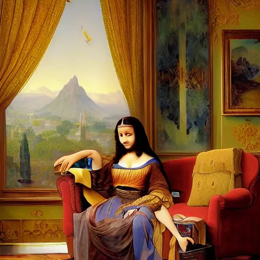 Image similar to Monalisa is sitting on her living room couch. She is dressed casually and is watching TV, Regal, Realistic, Refined, Detailed Digital Art, Josephine wall, Oil Painting, William-Adolphe Bouguereau, Art Frahm, Esao Andrews, Steampunk, Walt Disney (1937), Highly Detailed, Cinematic Lighting, Unreal Engine, 8k, HD