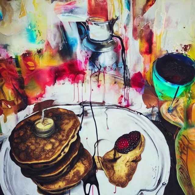 Prompt: “ sensual, neo - expressionism, surrealism, a portrait in a female art student ’ s apartment, pancakes, mushrooms,, art supplies, a candle dripping white wax, berry juice drips, acrylic and spray paint and oilstick on canvas ”