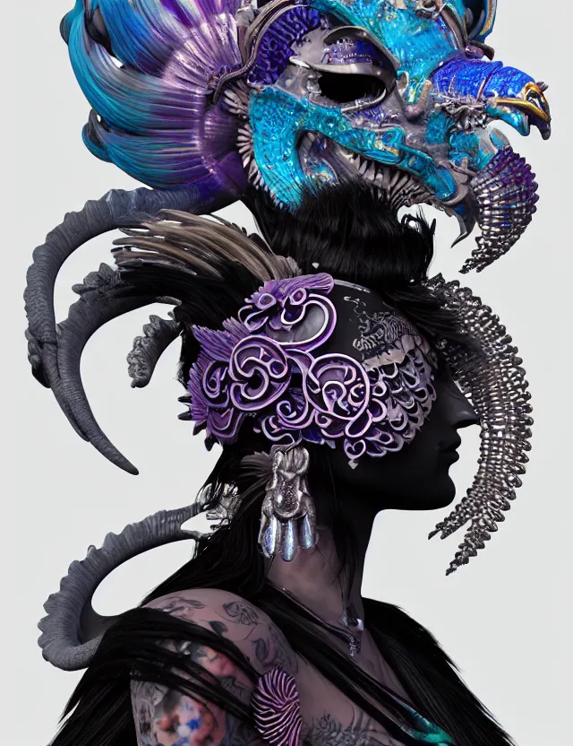 Image similar to 3 d goddess close - up profile portrait punk with mohawk with ram skull. beautiful intricately detailed japanese crow kitsune mask and clasical japanese kimono. betta fish, jellyfish phoenix, bio luminescent, plasma, ice, water, wind, creature, artwork by tooth wu and wlop and beeple and greg rutkowski