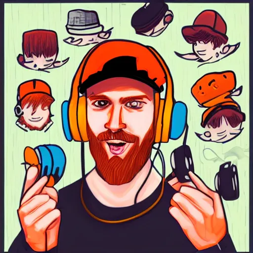 Image similar to streamer on twitch with black hat, stubble, ginger hair, orange hair, black cap, stubbles, red headphones, in the style of jeremiah ketner, art