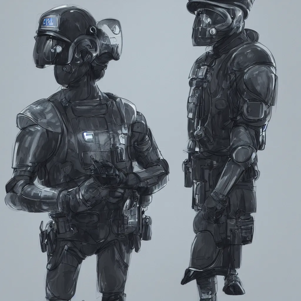 Image similar to futuristic police agent in a helmet with a display for a face, an armored kevlar suit and a laser pistol ready in hand, artstation, photorealistic, 8k, concept art