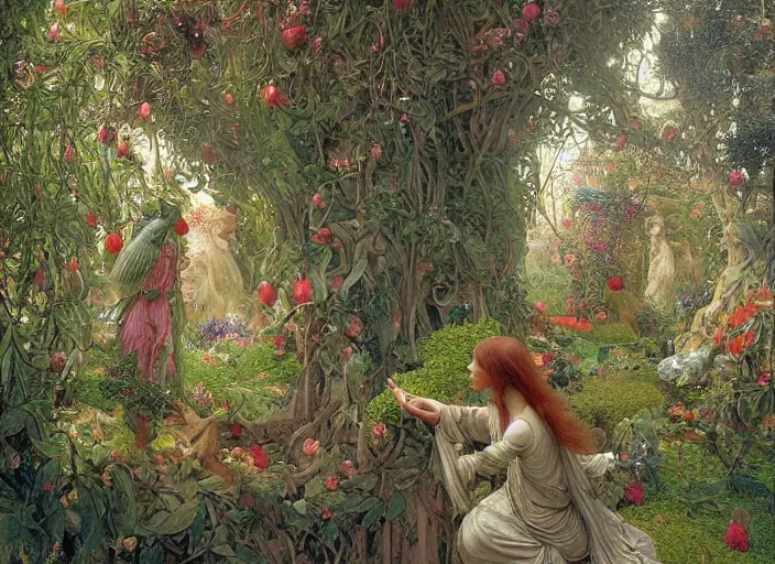 Image similar to jim henson's labyrinth. hedge maze. lush orchard, with strange fruit trees. fairies fight with hummingbirds for nectar. edgar maxence and caravaggio and michael whelan and delacroix style, artistic, intricate painting, cinematic lighting, hyper realistic, extremely detailed, vivid colors, establishing shot, dramatic lighting