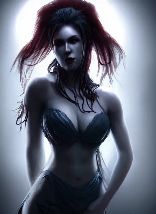 Image similar to beautiful full body portrait vampire queen blood highly detailed CGsociety subtle concept art HDR hyper realistic volumetric lighting subsurface scattering unreal