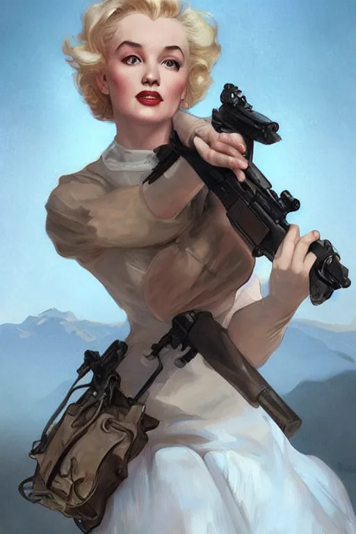 Image similar to beautiful cottagecore Marylin Monroe holding a rifle. intricate, elegant. highly detailed, digital painting, artstation, concept art, smooth, sharp, focus, illustration. . art by artgerm and greg rutkowski and alphonse mucha