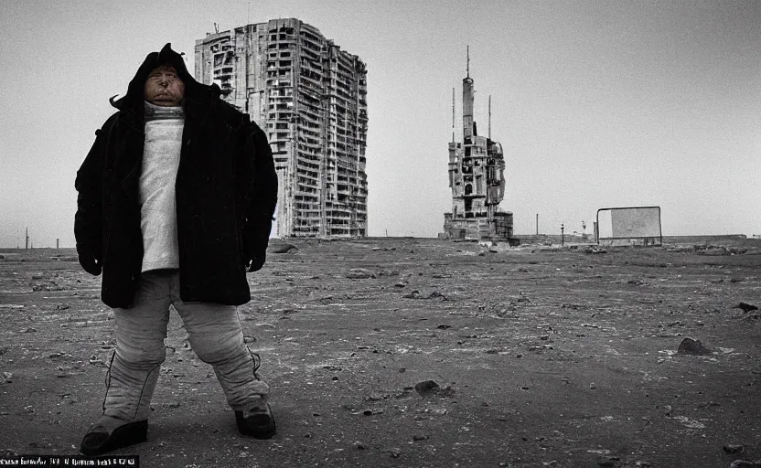 Image similar to In a futuristic space city of Neo Norilsk on the Moon, a Mysterious man is standing in the middle of a close up street photo by Trent Parke, the sun is blinding, a Russian city on the Moon