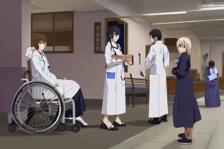 Image similar to a elegant female doctor wearing white coat are serving an old patient in a wheelchair in a hospital ward, slice of life anime, cinematic, realistic, anime scenery by Makoto shinkai
