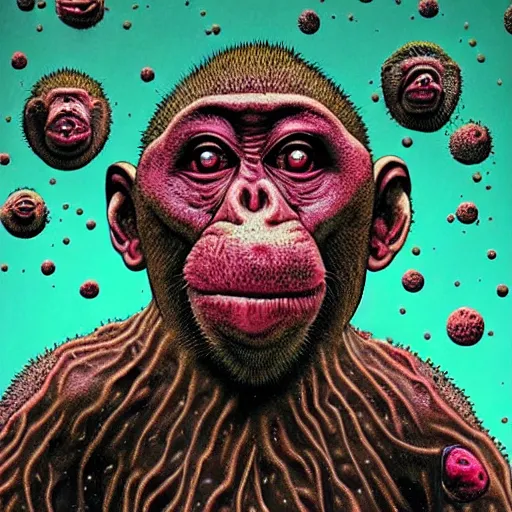 Image similar to measles on a deformed hideous pustule covered monkey, sores, bumps, skin wounds, surface hives, growths, horror, fantasy, highly detailed, by Dan Hillier, ooze, slime, in background nebula of bacteriophages