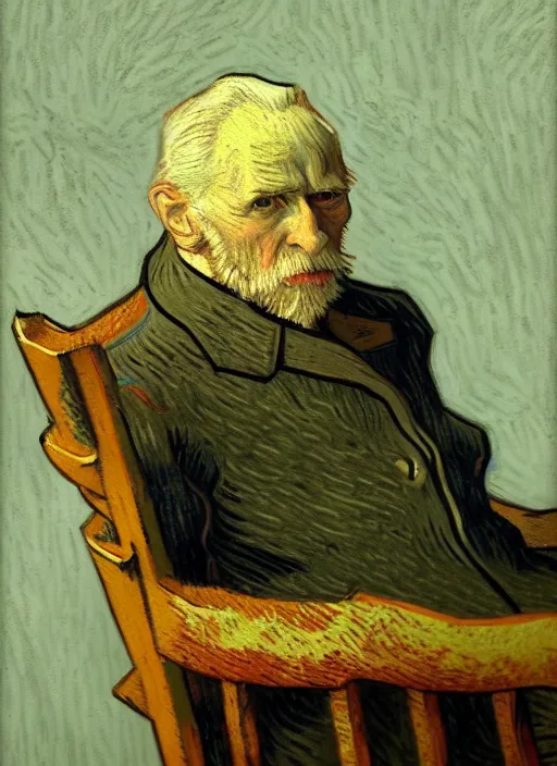 Image similar to portrait of a tired old man in a chair, detailed realism face in painting, detailed beautiful portrait, expressionist oil painting masterpiece, 8 k resolution, smooth, sharp focus, pastel color palette, trending on artstation, by van gogh