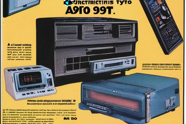 Prompt: a 1 9 8 5 electronics ad in the style of andy zito