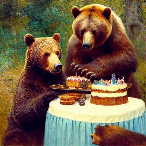 Image similar to polaroid photo of a bear eating cake at his 7 0's birthday at a zoo, highly detailed painting by gaston bussiere, craig mullins, j. c. leyendecker