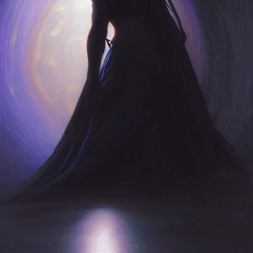Prompt: concept art painting of beautiful figure the called the moonbow queen in a black cloak, a rainbow in the dark, colorful, by Michael Whelan, William Adolphe Bouguereau, and Donato Giancola, highly rendered, beautiful, cyberpunk, artstation, extremely moody lighting, glowing light and shadow, atmospheric, shadowy, cinematic, 8K