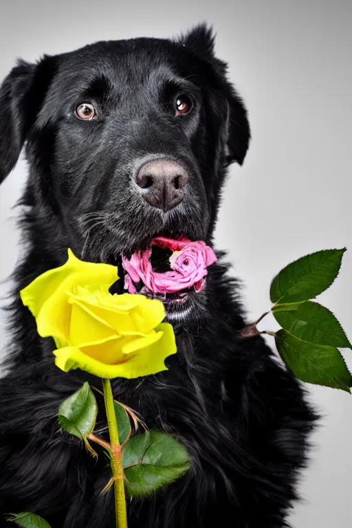 Image similar to black dog holding rose in his mouth, bright green eyes, studio lighting, 4 k, realistic, chromatic abberation, global illumination