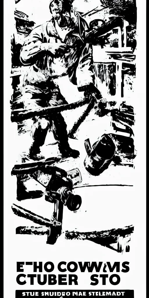 Image similar to propaganda poster for a studio with a chainsaw, black and white, street printed poster,