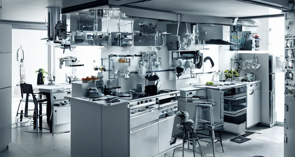 Image similar to IKEA catalogue photo of a cyberpunk kitchen on a spaceship, by Monet