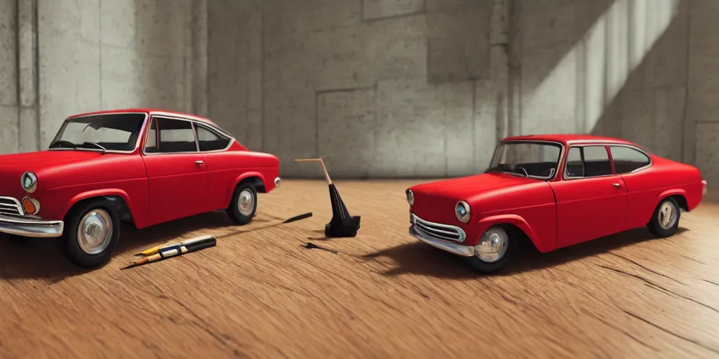 Prompt: a small miniature of a red Chevrolet Opala near a book and a pencil on a wooden table, hyperrealistic, concept art, octane render, unreal engine 5, path tracing, complementary colours, high quality, highly detailed, 4K, symmetrical, low contrast, centered, house interior background