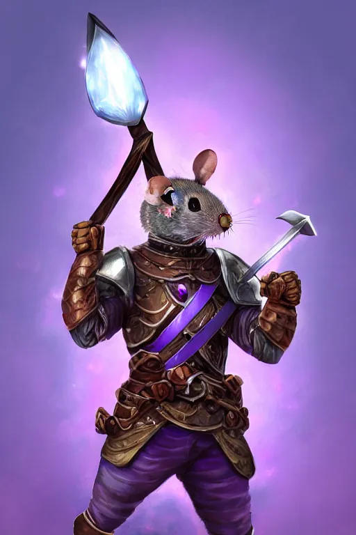 Prompt: armored mouse warrior holding a sword in one hand and reaching for a floating purple crystal with the other, trending on Artstation, rpg portrait, 8k, uhd