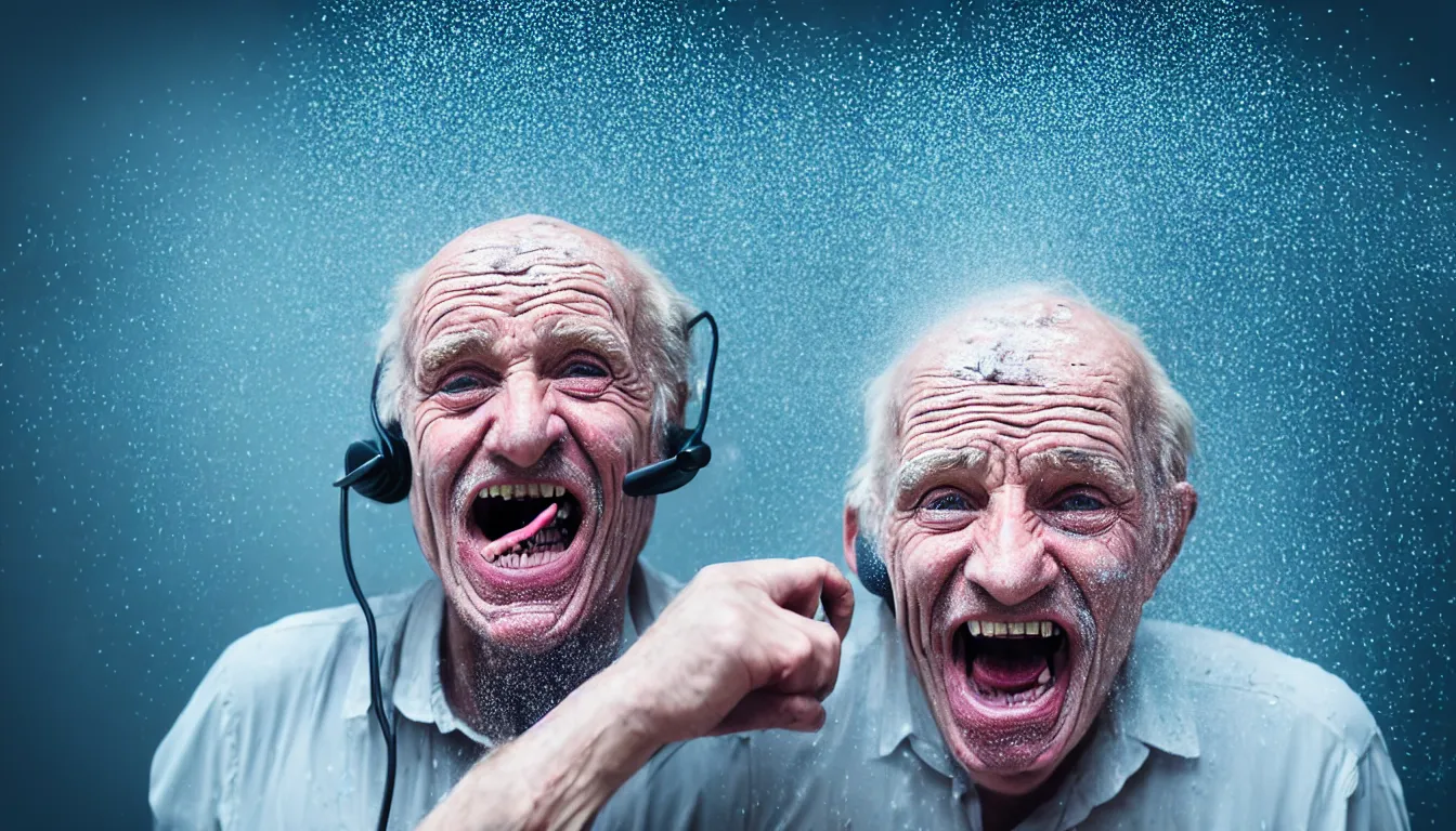 Image similar to hyper realistic photo in call centre, a celtic weathered old man, aesthetic! women, laughter and screaming face, feedback loop, burst of powders, spraying liquid, volumetric lighting, twisting vapour, bellowing dust, full colour, upscale, 8 k