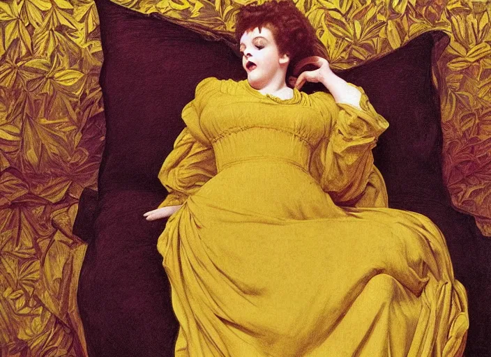 Prompt: portrait of liza minelli hybrid judy garland reclining on bed, wearing yellow ochre ornate medieval dress, preraphaelite colour photography by frederic leighton, william morris, 8 k