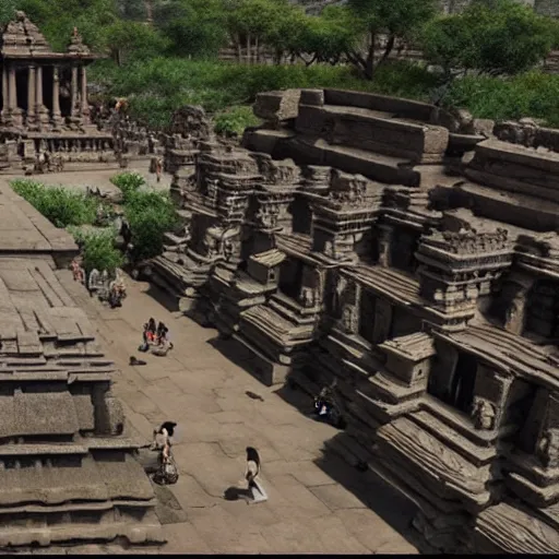 Prompt: Ancient Hampi temples with crowd, 8k, highly realistic, hyper detailed, unreal engine 5, IMAX quality, realistic, cinematic, epic lighting, realistic, in the style of James Cameron, Ridley Scott