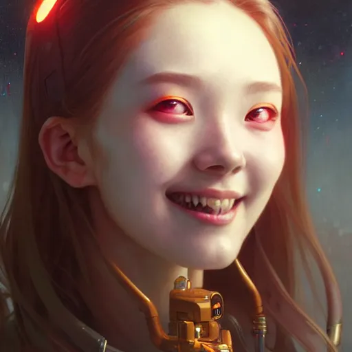 Image similar to portrait painting of a cute cyborg chuu loona kpop smiling cheerfully, ultra realistic, concept art, intricate details, eerie, highly detailed, photorealistic, octane render, 8 k, unreal engine. art by artgerm and greg rutkowski and magali villeneuve and alphonse mucha