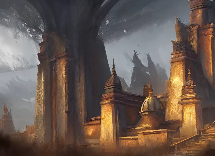 Image similar to cinematic shot, concept art of temple, oil painting by jama jurabaev, extremely detailed, brush hard, artstation, for aaa game, high quality, brush stroke