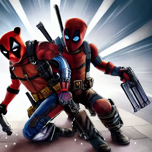 Image similar to rocket raccoon and deadpool together digital art 4 k detailed super realistic