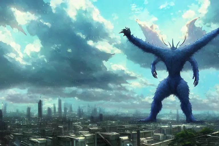 Image similar to a humanoid creature hybrid kaiju bug looming over a city in the rain, great composition, blue sky, fluffy clouds, happy atmosphere, by makoto shinkai an krenz cushart