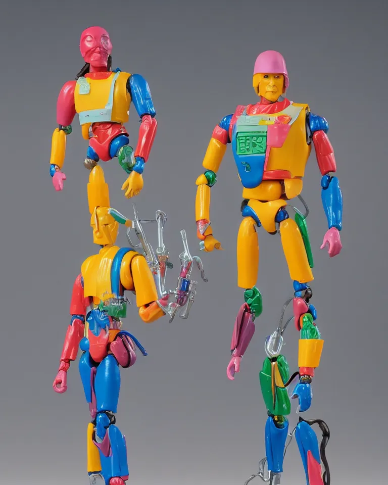 Image similar to product photo of a colorful kenner 1 9 8 0's action figure, five points of articulation, sci - fi, 8 k, full body, studio lighting