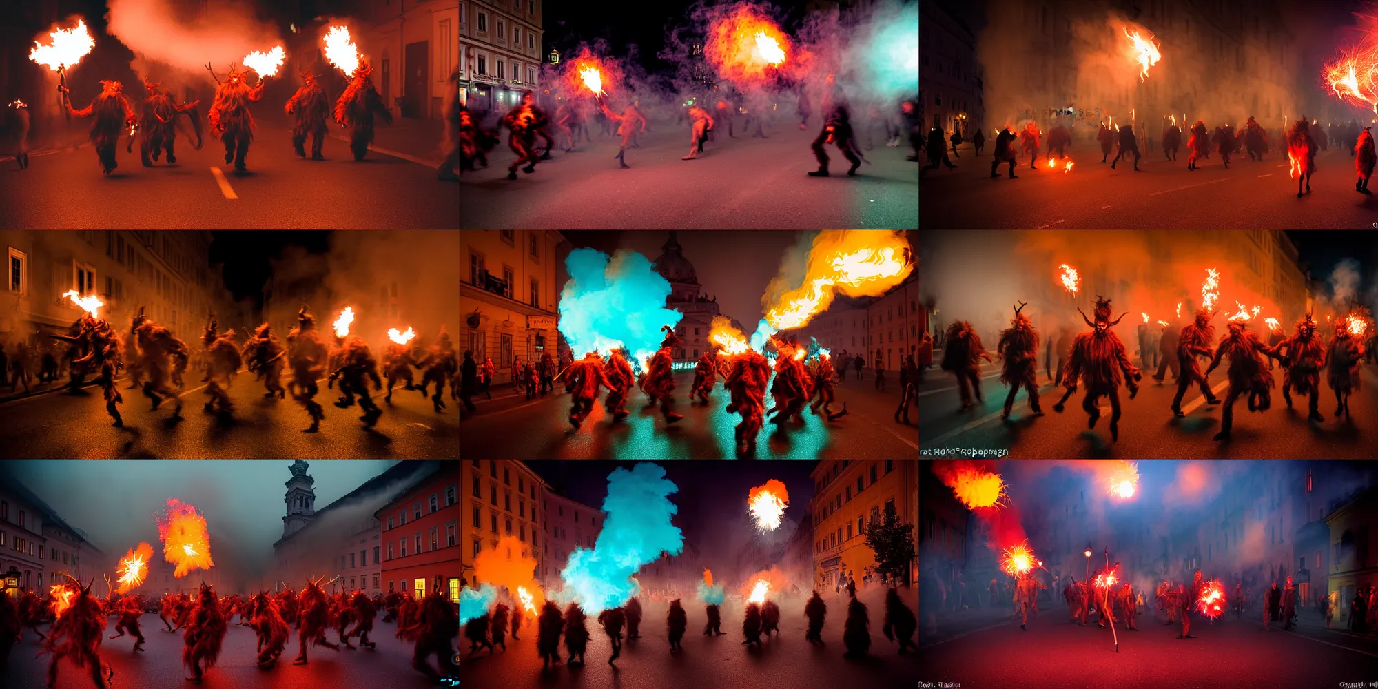 Prompt: kodak portra 4 0 0, award winning dynamic vivid atmospheric photograph of hundreds of hazardous krampus, pelzebug, devils, by robert capas, in muted colours, striped orange and teal, motion blur, on a street in salzburg at night with colourful exploding pyro fire and torches, narrow shot, running fast towards the camera