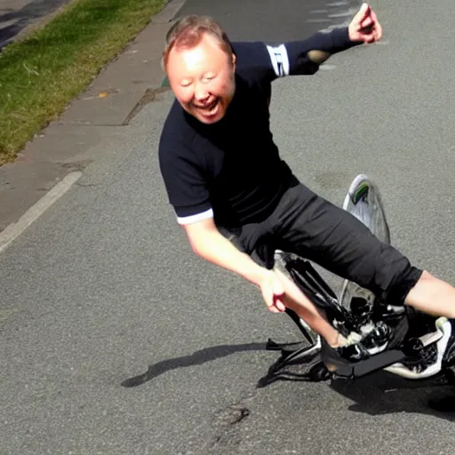 Image similar to Limmy in a bike crash falling off his bike, photorealistic,