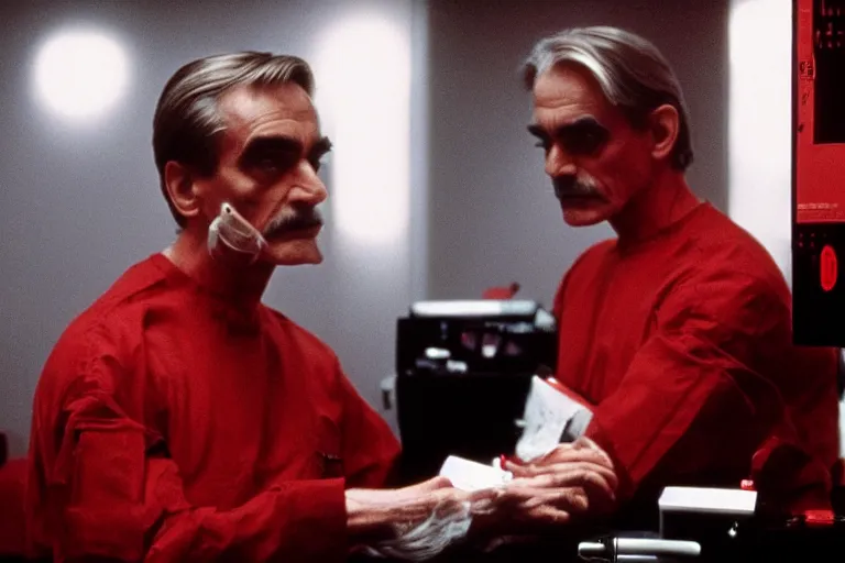 Image similar to a scene from the movie dead ringers with clean shaven jeremy irons, dark cinematic lighting, heavy black and red palette and color contrast, medical equipment, movie directed by wes craven