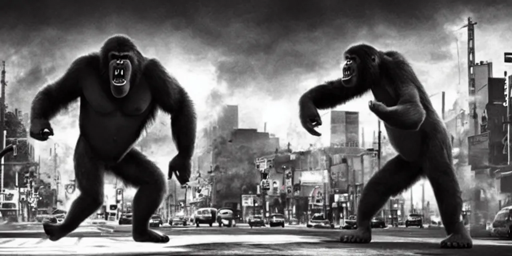 Prompt: An king Kong rage on street, Hollywood scene , cinematic