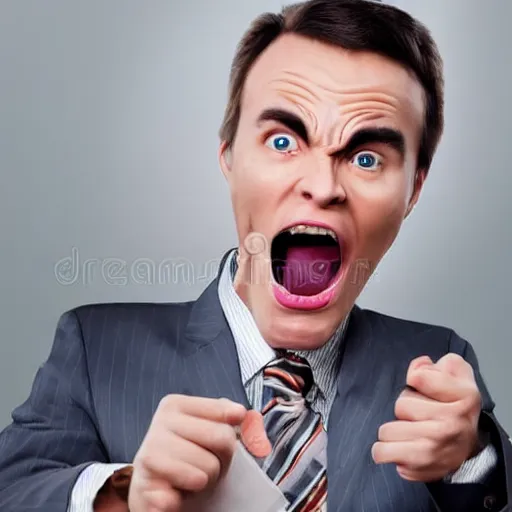 Image similar to man in a office suit screaming bazinga!, realistic, hdr, clear image, stock photo, dynamic lighting,